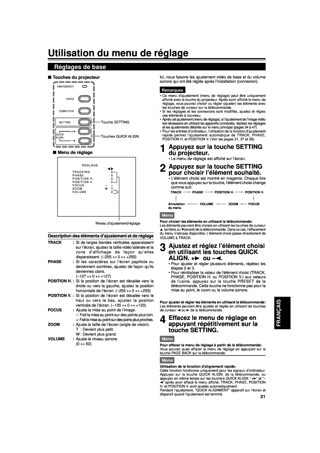 JVC DLA-G11U manual Utilisation du menu de réglage, Réglages de base, Appuyez sur la touche SETTING du projecteur 