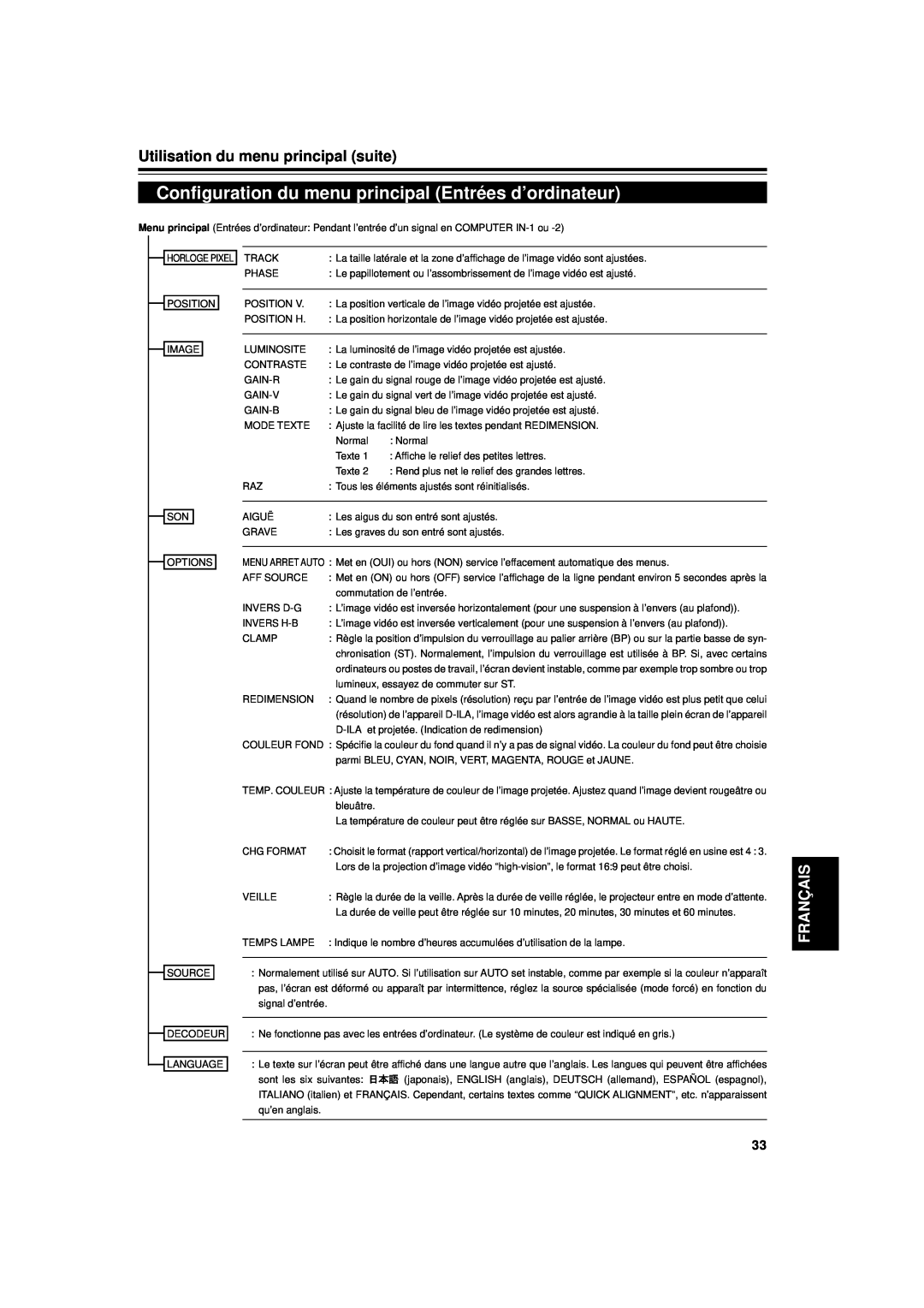 JVC DLA-G11U manual Configuration du menu principal Entrées d’ordinateur, Utilisation du menu principal suite, Français 