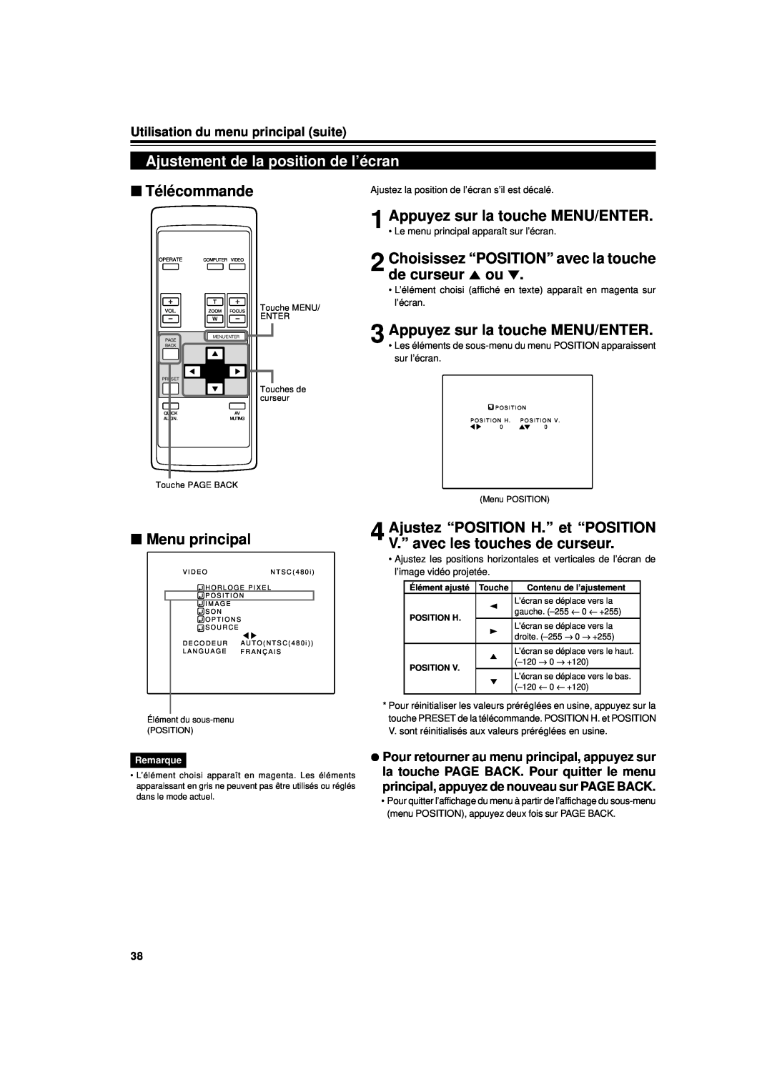JVC DLA-G11U Ajustement de la position de l’écran, Choisissez “POSITION” avec la touche de curseur 5 ou, Télécommande 
