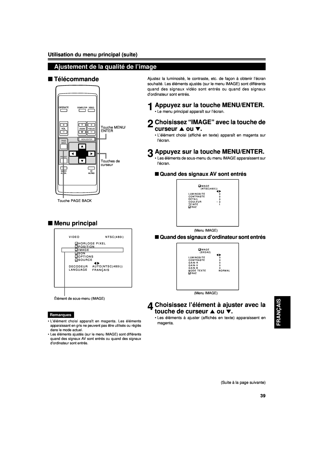 JVC DLA-G11U manual Ajustement de la qualité de l’image, Choisissez “IMAGE” avec la touche de curseur 5 ou, Télécommande 