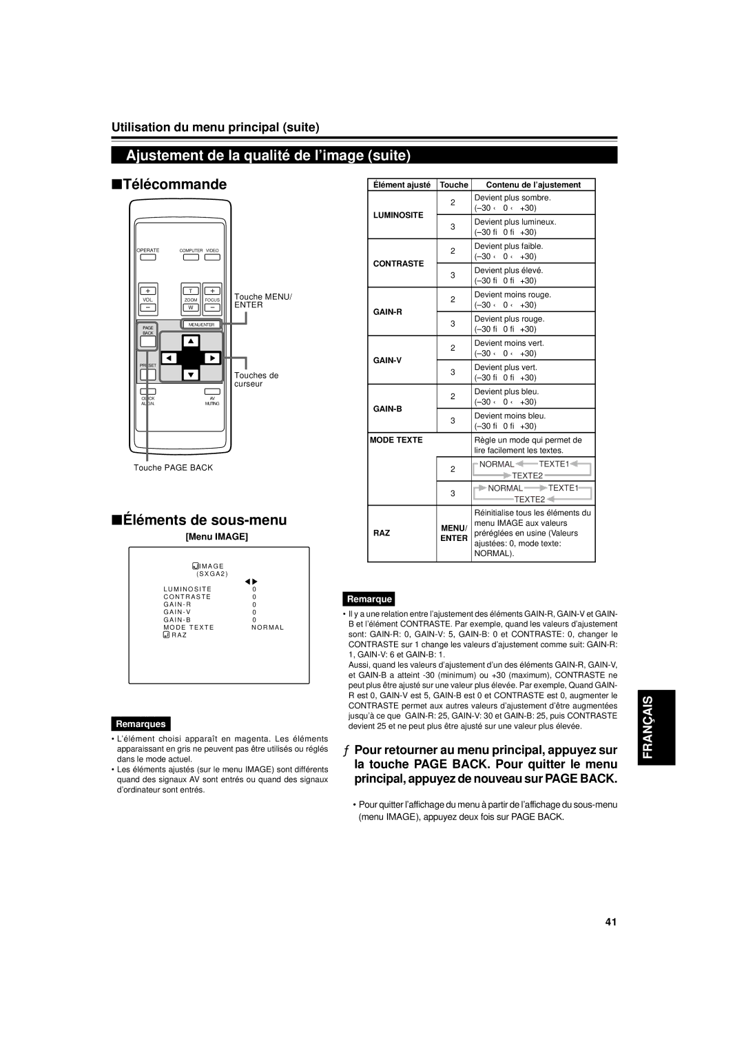 JVC DLA-G11U manual Touches de curseur 30 ← 0 ← +30, Devient plus élevé, Devient moins rouge, Devient plus rouge 