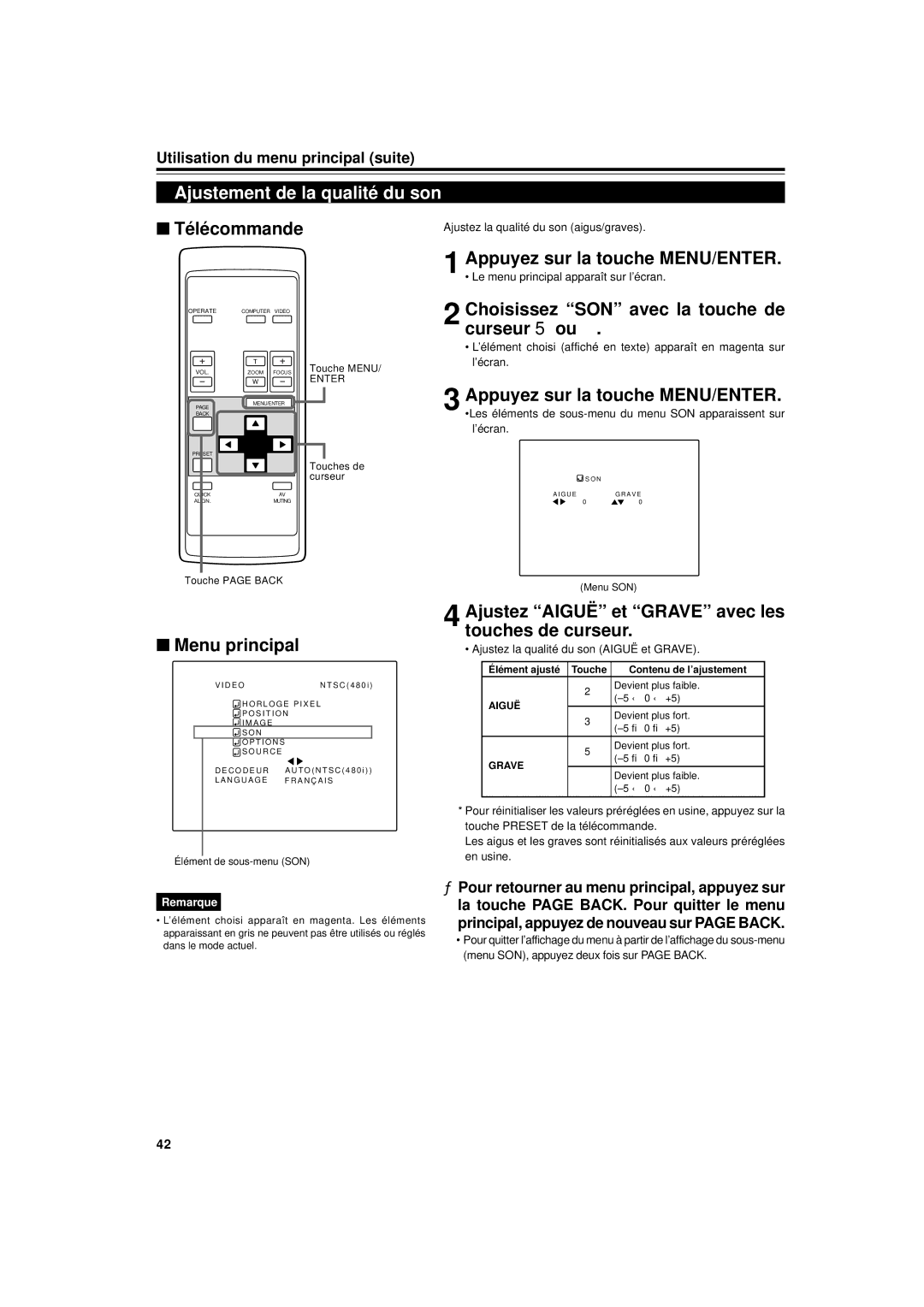 JVC DLA-G11U manual Ajustement de la qualité du son, Choisissez SON avec la touche de curseur 5 ou 