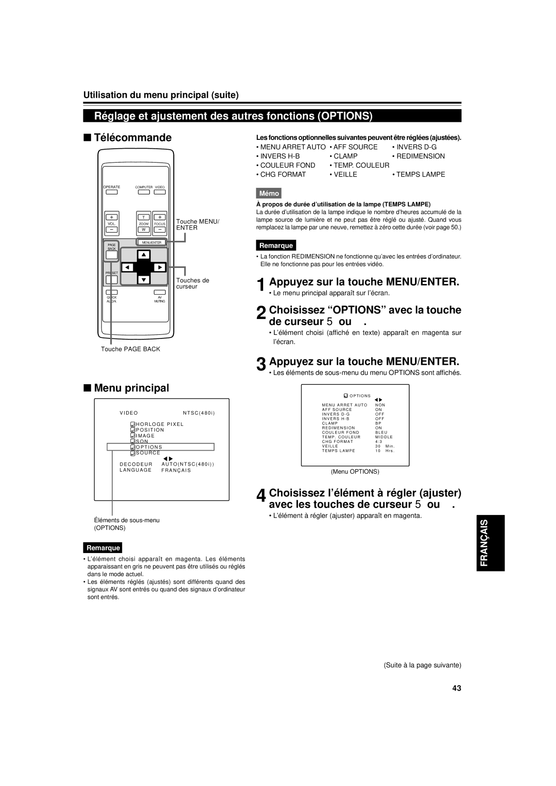 JVC DLA-G11U manual Réglage et ajustement des autres fonctions Options, Choisissez Options avec la touche de curseur 5 ou 