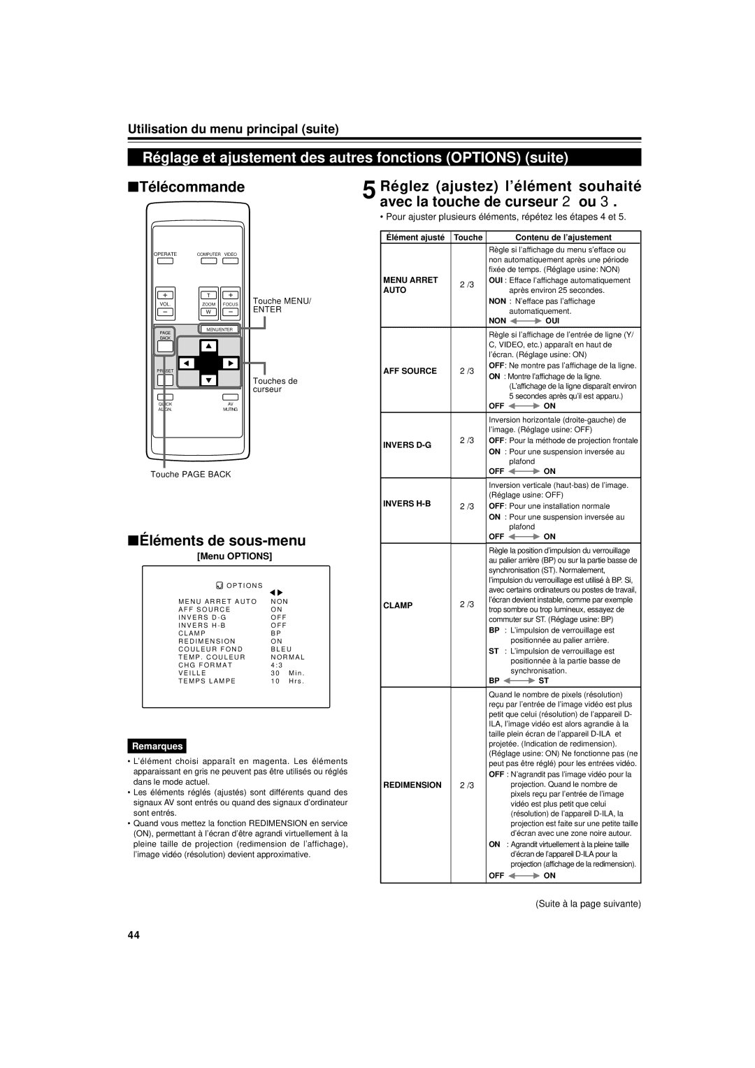 JVC DLA-G11U manual Réglage et ajustement des autres fonctions Options suite, Menu Options, Touche Contenu de l’ajustement 