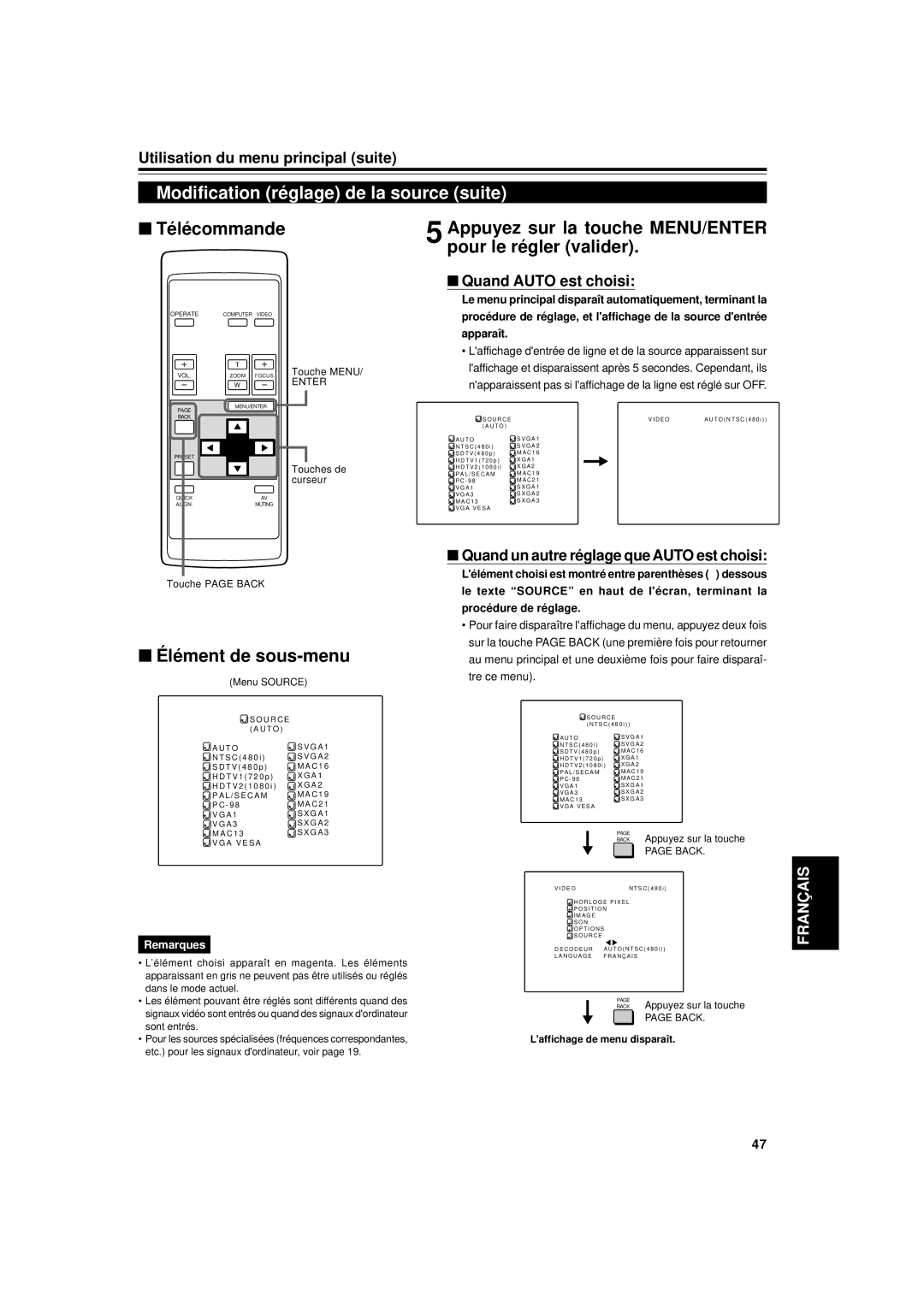 JVC DLA-G11U manual Modification réglage de la source suite, Appuyez sur la touche MENU/ENTER pour le régler valider 