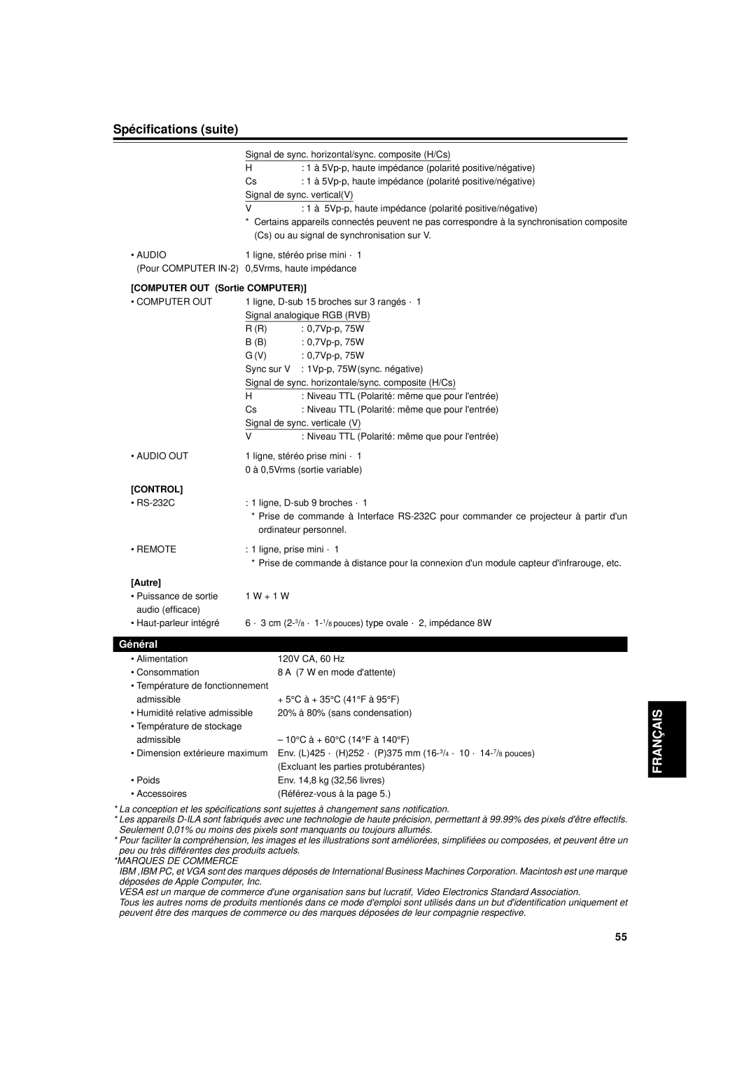 JVC DLA-G11U manual Spécifications suite, Computer OUT Sortie Computer, Autre 