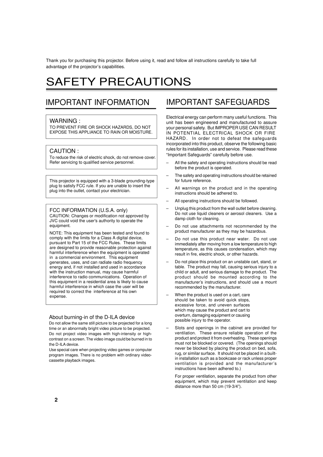 JVC DLA-G11U manual Safety Precautions, About burning-in of the D-ILA device 