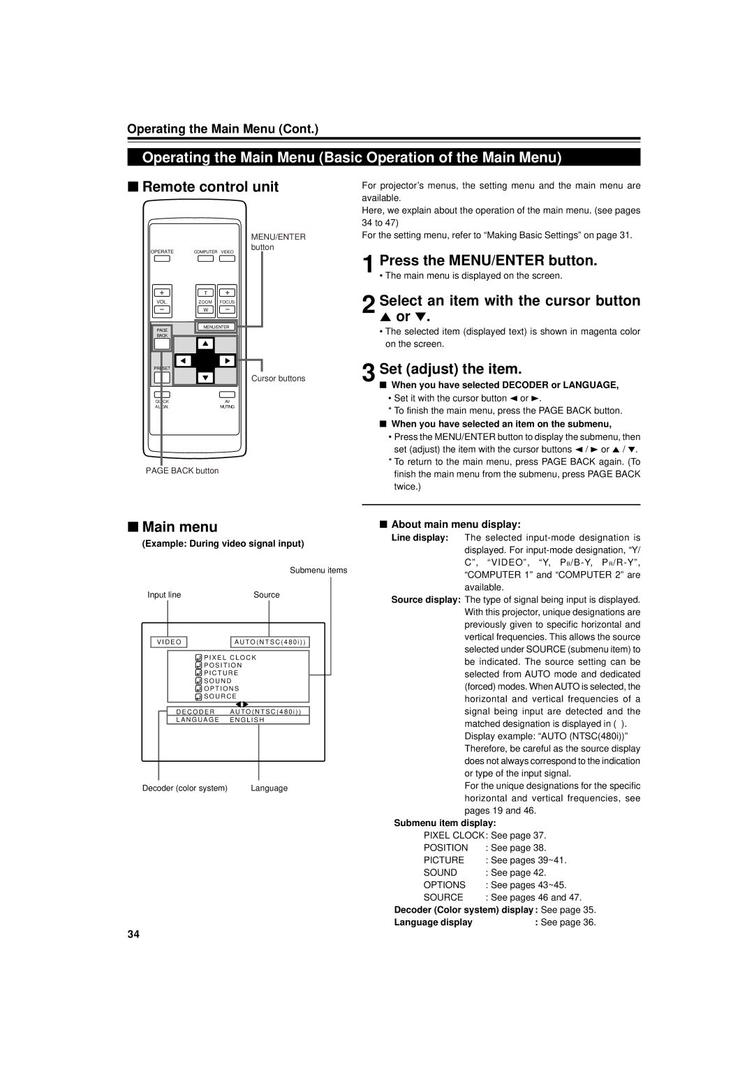 JVC DLA-G11U manual Operating the Main Menu Basic Operation of the Main Menu 