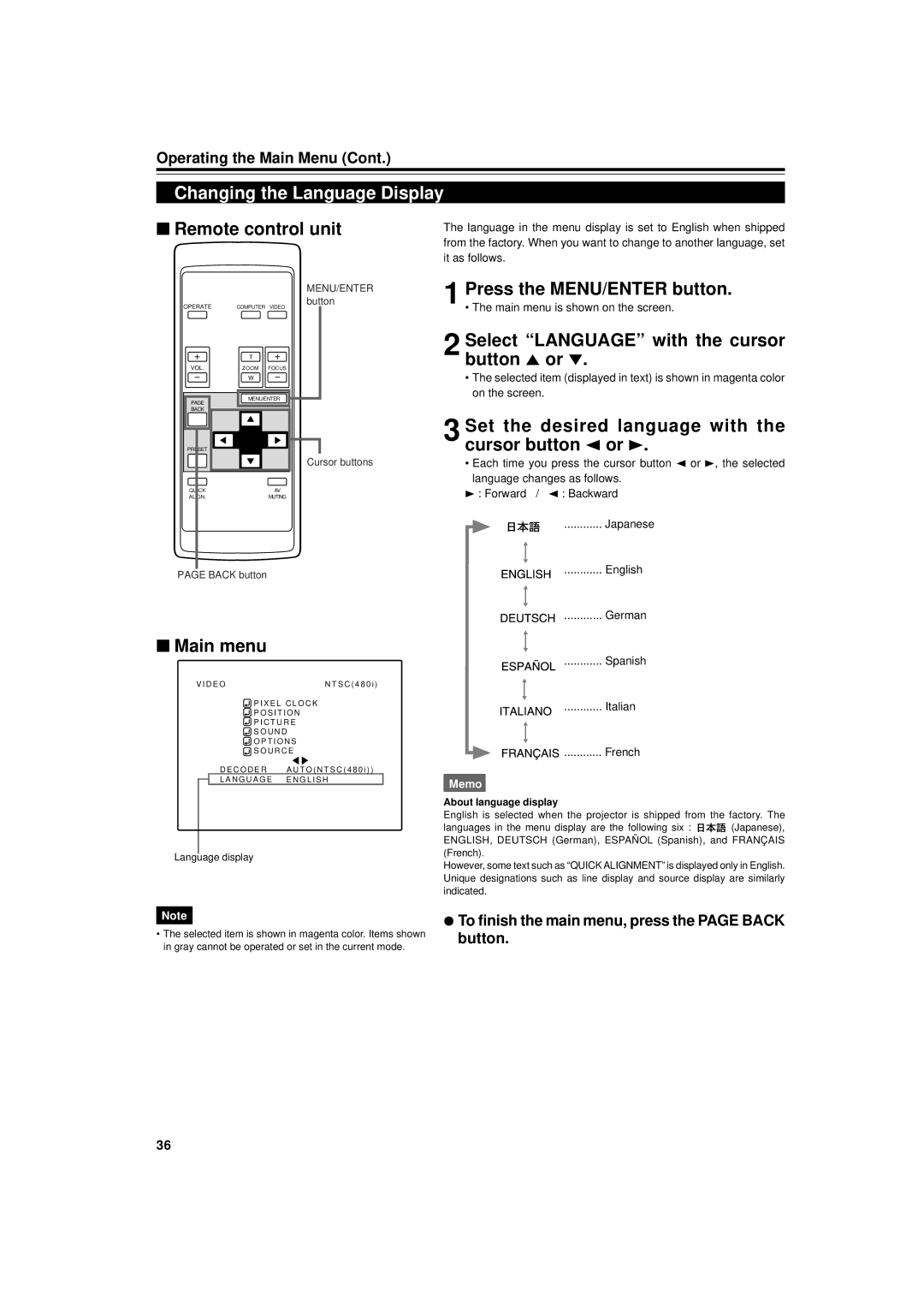 JVC DLA-G11U manual Changing the Language Display, Set the desired language with the cursor button 2 or, Language display 