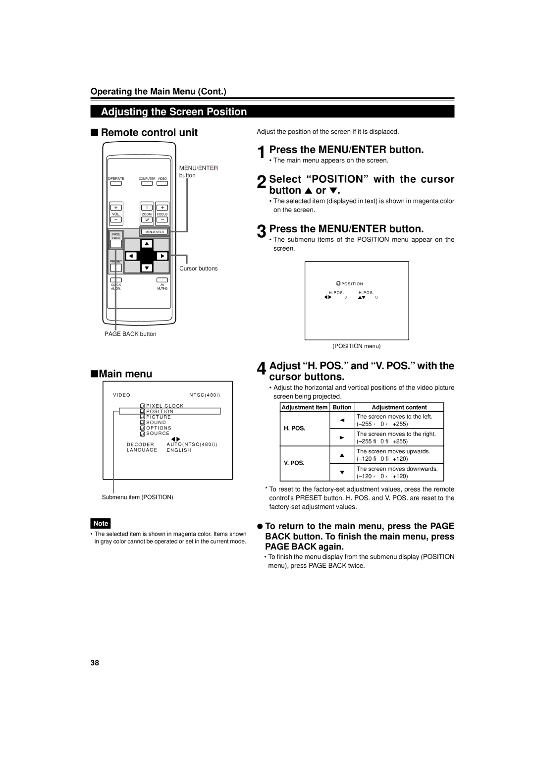 JVC DLA-G11U manual Adjusting the Screen Position, Select Position with the cursor button 5 or 