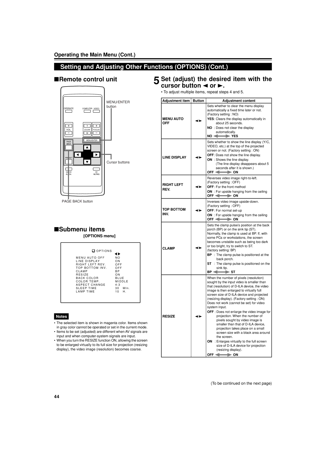 JVC DLA-G11U manual Set adjust the desired item with the cursor button 2 or, Options menu 