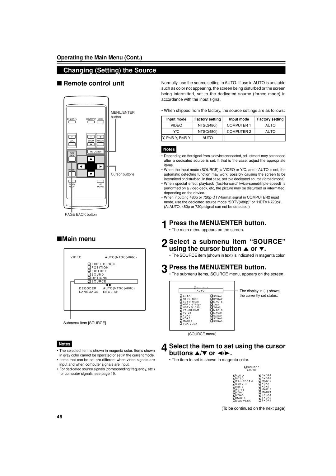 JVC DLA-G11U manual Changing Setting the Source, Select the item to set using the cursor buttons 5/ or 2/3 