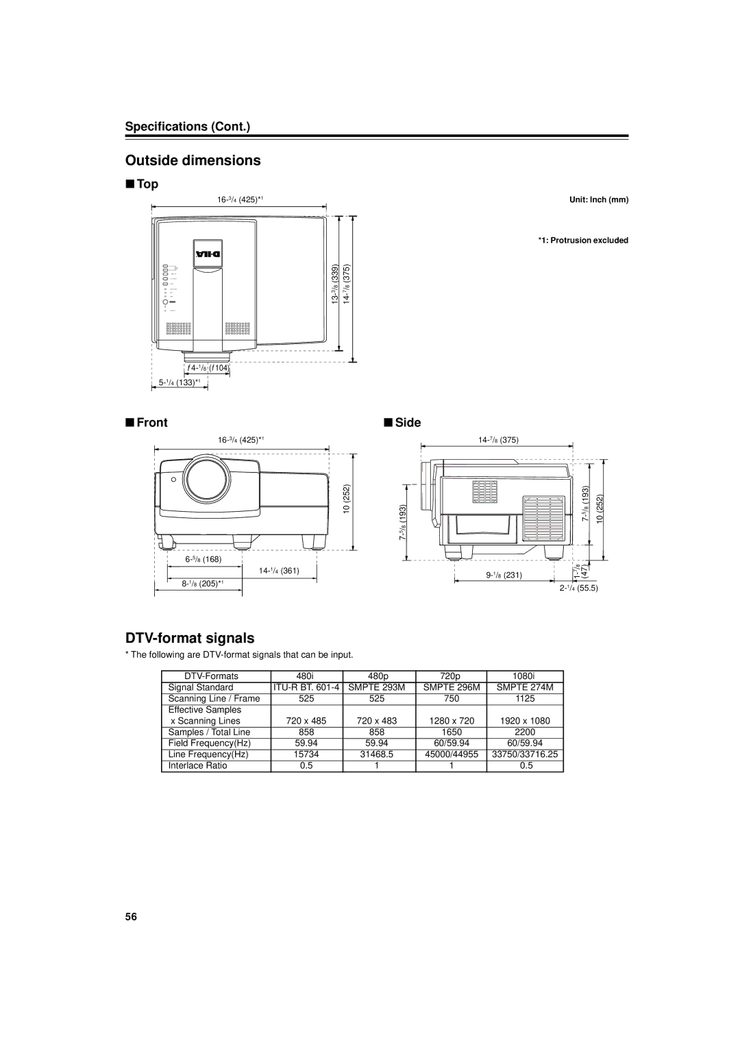 JVC DLA-G11U manual Outside dimensions, DTV-format signals, Top, Front, Side 