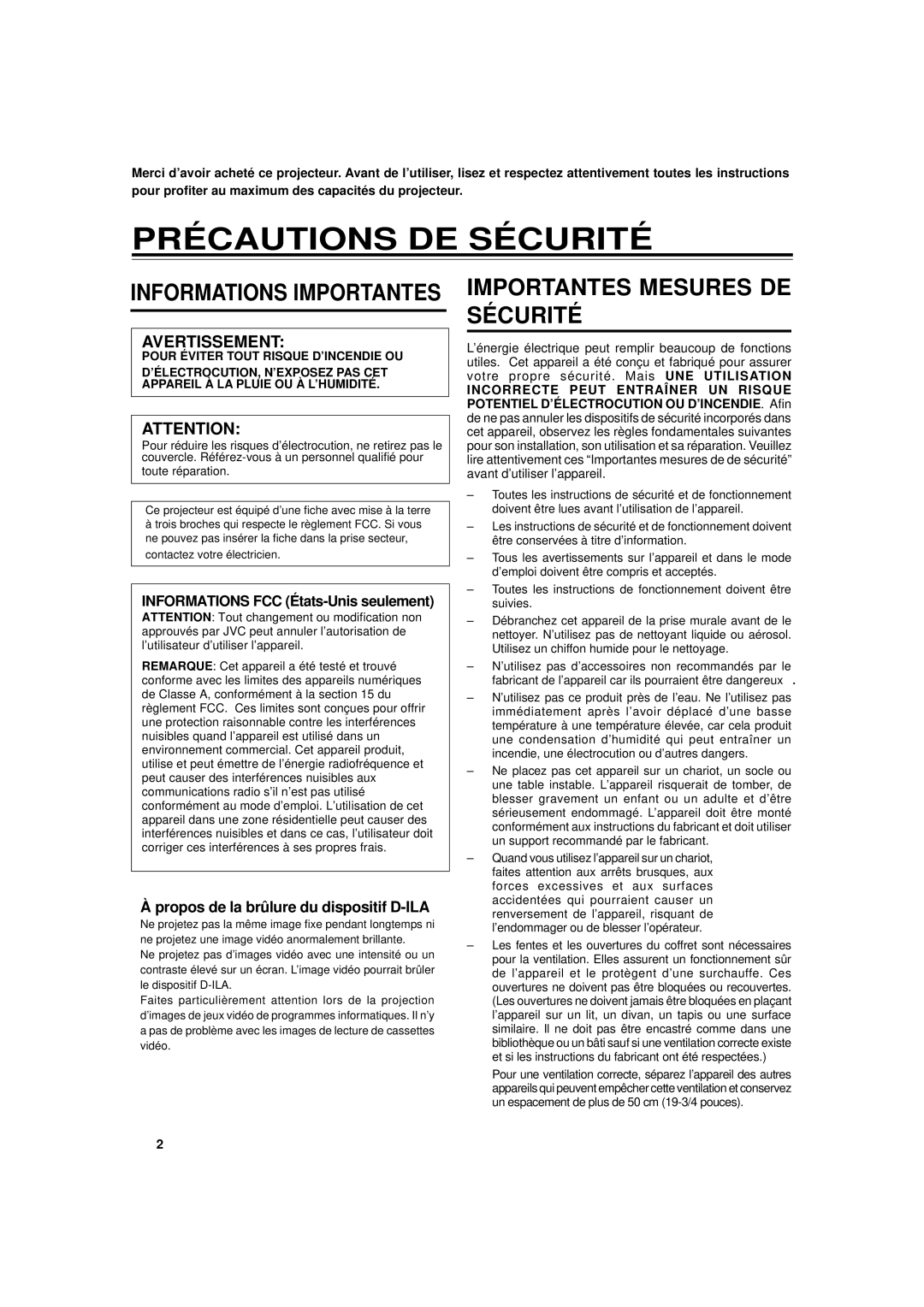 JVC DLA-G11U manual Précautions DE Sécurité, Propos de la brûlure du dispositif D-ILA 