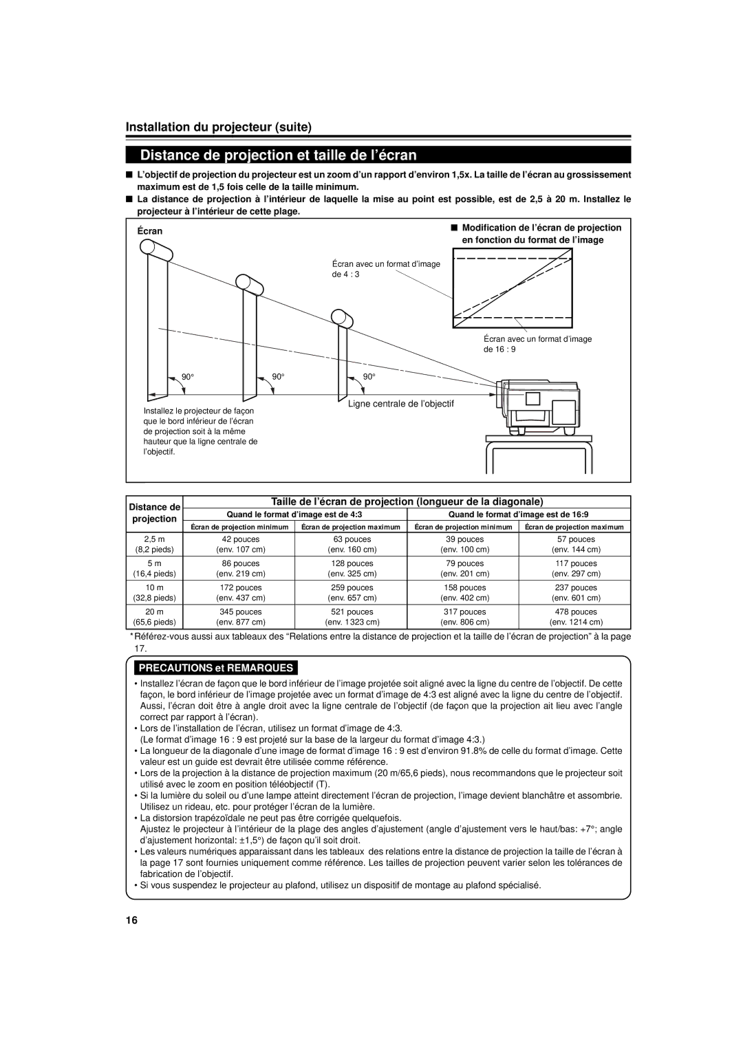 JVC DLA-G11U Distance de projection et taille de l’écran, Installation du projecteur suite, Ligne centrale de l’objectif 