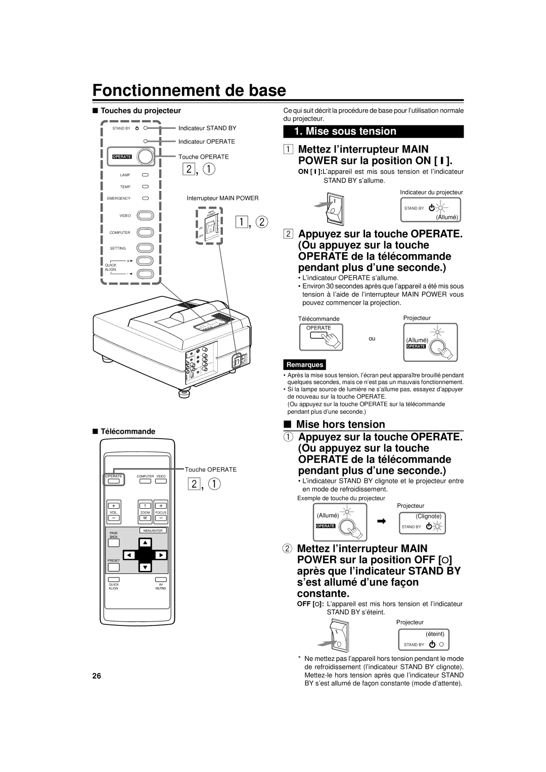 JVC DLA-G11U manual Fonctionnement de base, Mise sous tension, Mise hors tension, Ou appuyez sur la touche 