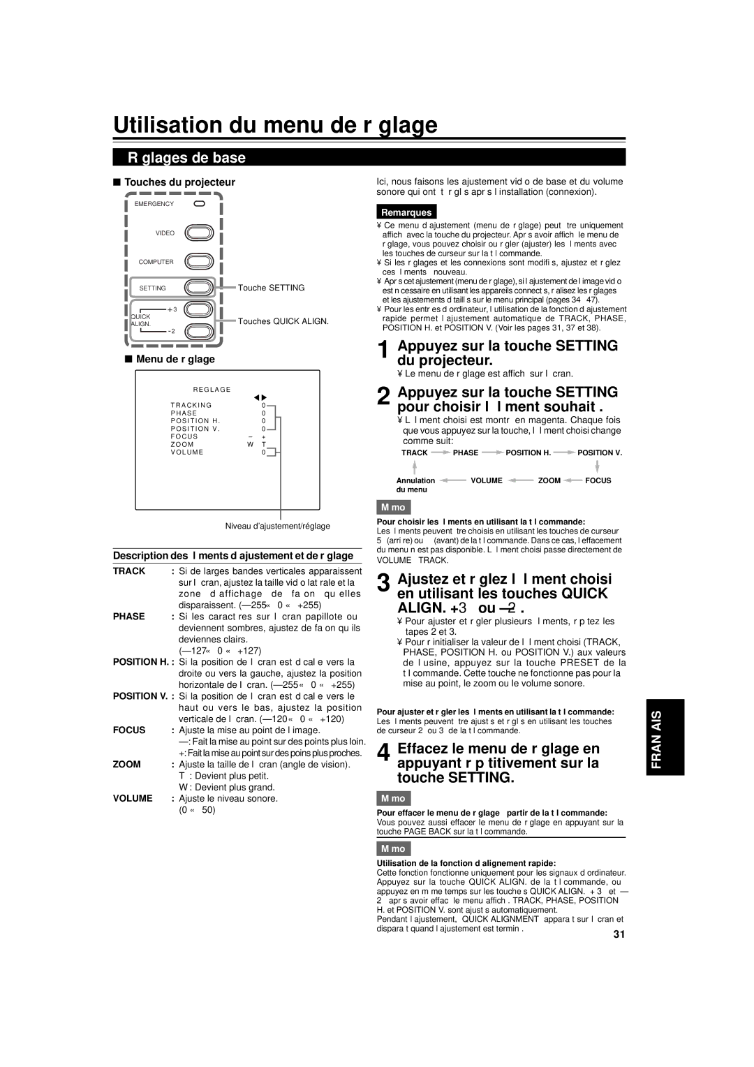 JVC DLA-G11U manual Utilisation du menu de réglage, Réglages de base, Appuyez sur la touche Setting du projecteur 