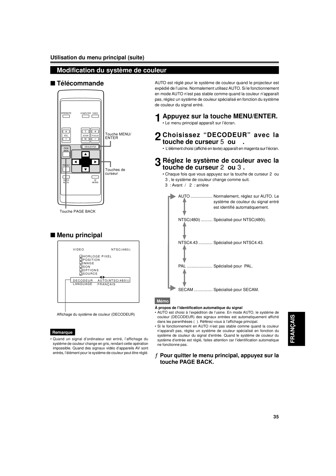 JVC DLA-G11U manual Modification du système de couleur, Choisissez Decodeur avec la touche de curseur 5 ou 