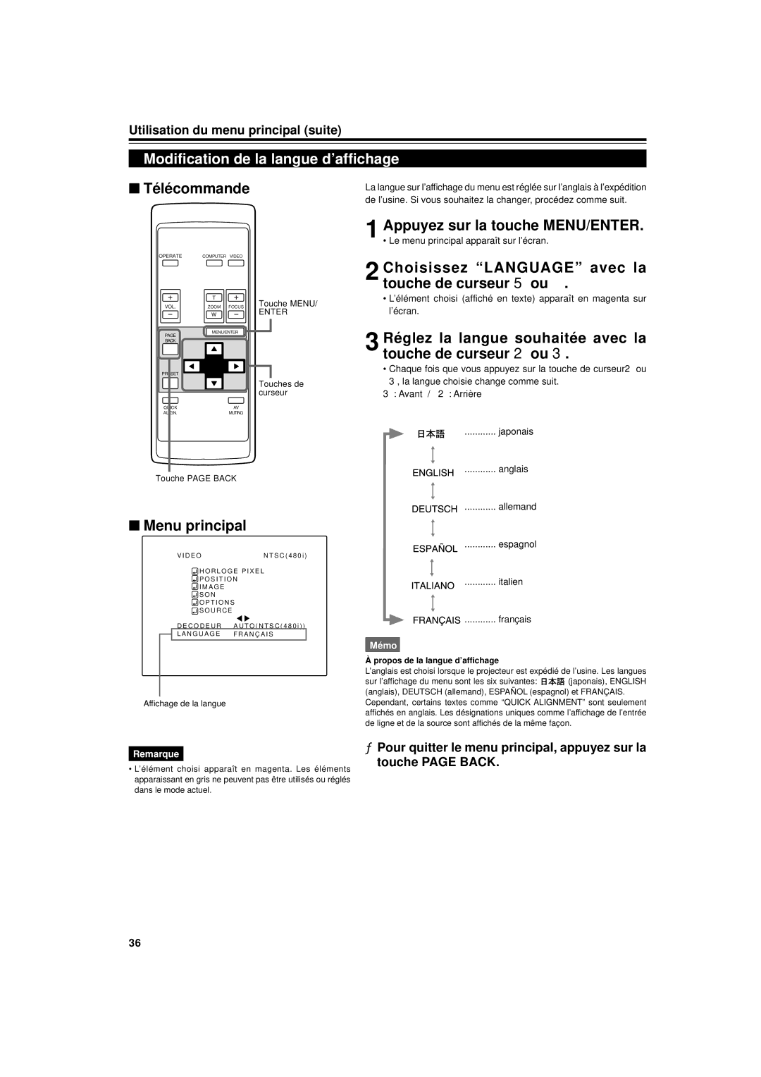 JVC DLA-G11U manual Modification de la langue d’affichage, Choisissez Language avec la touche de curseur 5 ou 