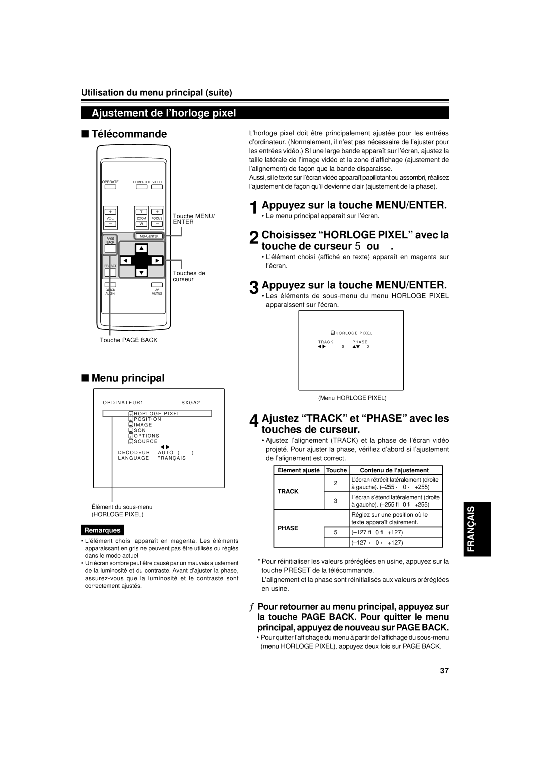 JVC DLA-G11U manual Ajustement de l’horloge pixel, Choisissez Horloge Pixel avec la touche de curseur 5 ou 