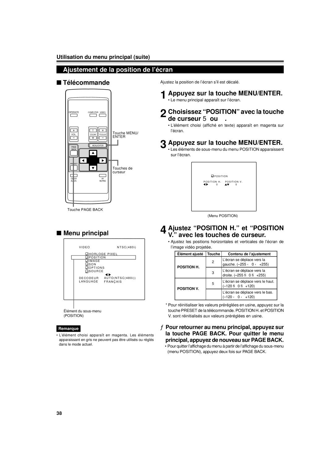 JVC DLA-G11U manual Ajustement de la position de l’écran, Choisissez Position avec la touche de curseur 5 ou, Sur l’écran 