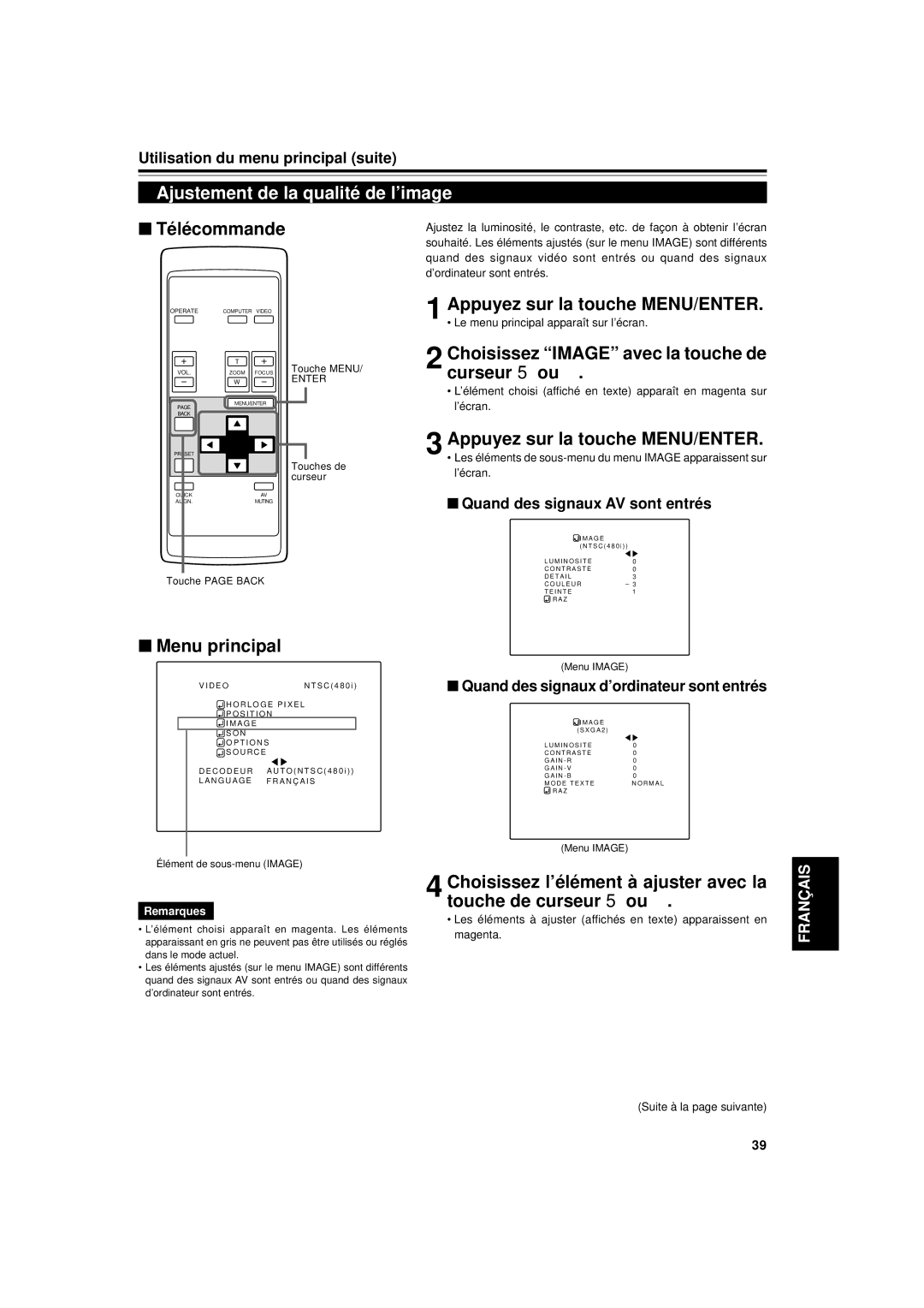 JVC DLA-G11U manual Ajustement de la qualité de l’image, Choisissez Image avec la touche de curseur 5 ou 