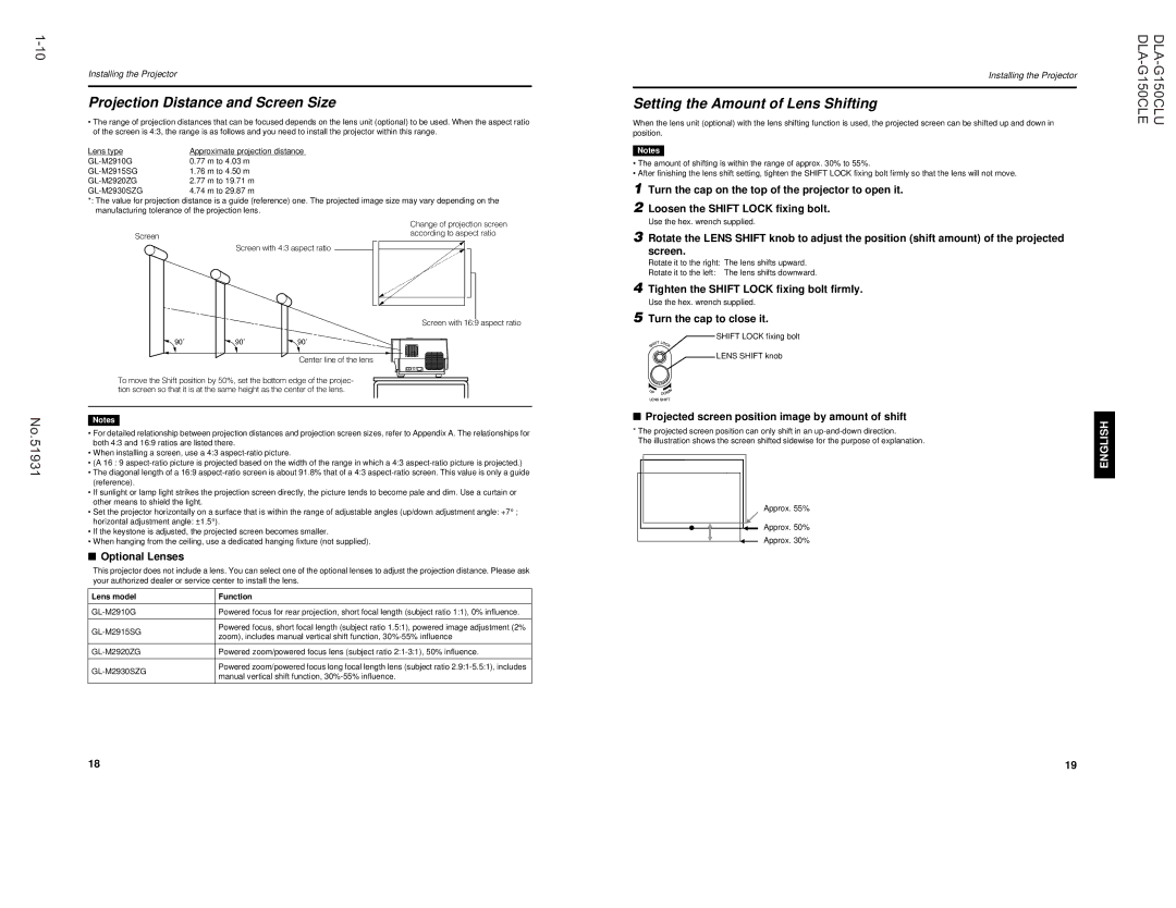 JVC DLA-G150CLE, DLA-G150CLU manual Projection Distance and Screen Size, Setting the Amount of Lens Shifting 