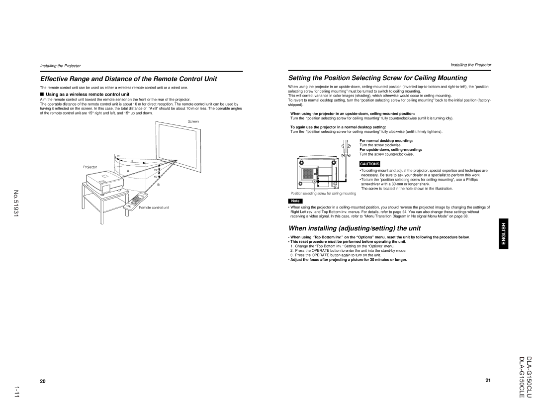 JVC DLA-G150CLU manual Effective Range and Distance of the Remote Control Unit, When installing adjusting/setting the unit 