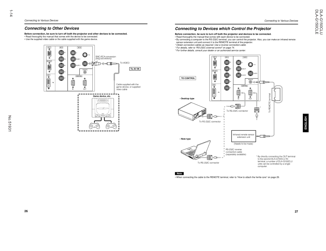 JVC DLA-G150CLE, DLA-G150CLU Connecting to Other Devices, Connecting to Devices which Control the Projector, To Control 