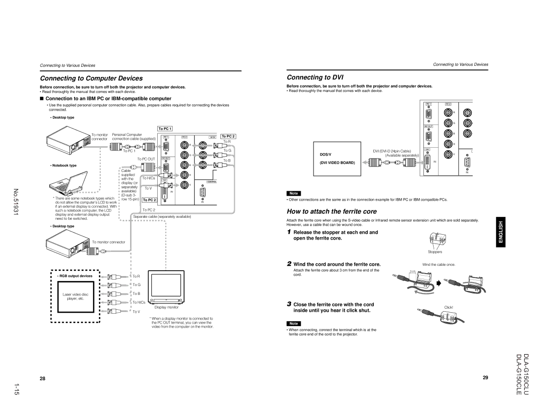 JVC DLA-G150CLU, DLA-G150CLE manual Connecting to Computer Devices, Connecting to DVI, How to attach the ferrite core 