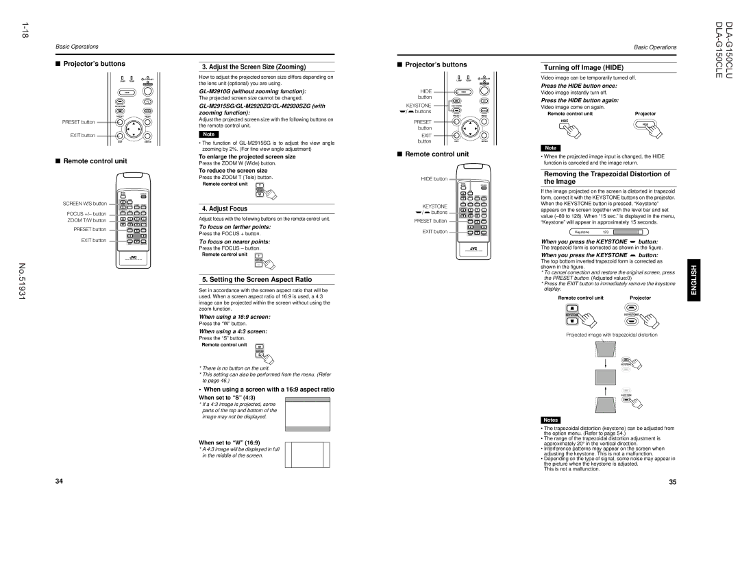 JVC DLA-G150CLE, DLA-G150CLU Remote control unit Turning off Image Hide, Removing the Trapezoidal Distortion of the Image 