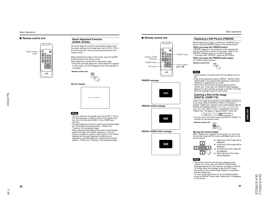 JVC DLA-G150CLU, DLA-G150CLE manual Remote control unit Quick Alignment Function, Zooming a Part of the Image 