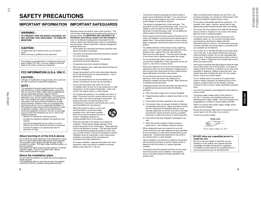 JVC DLA-G150CLE, DLA-G150CLU manual About burning-in of the D-ILA device, About the installation place, Can Result 