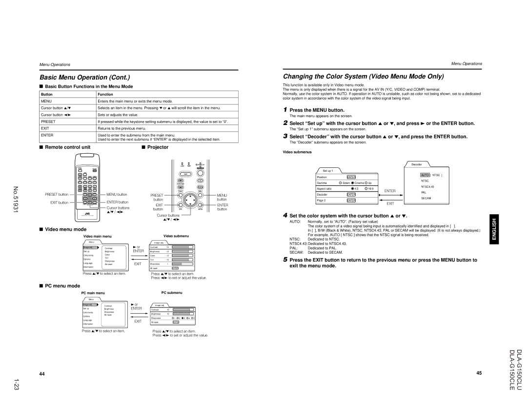 JVC DLA-G150CLU, DLA-G150CLE manual Changing the Color System Video Menu Mode Only, Projector, Video menu mode, PC menu mode 