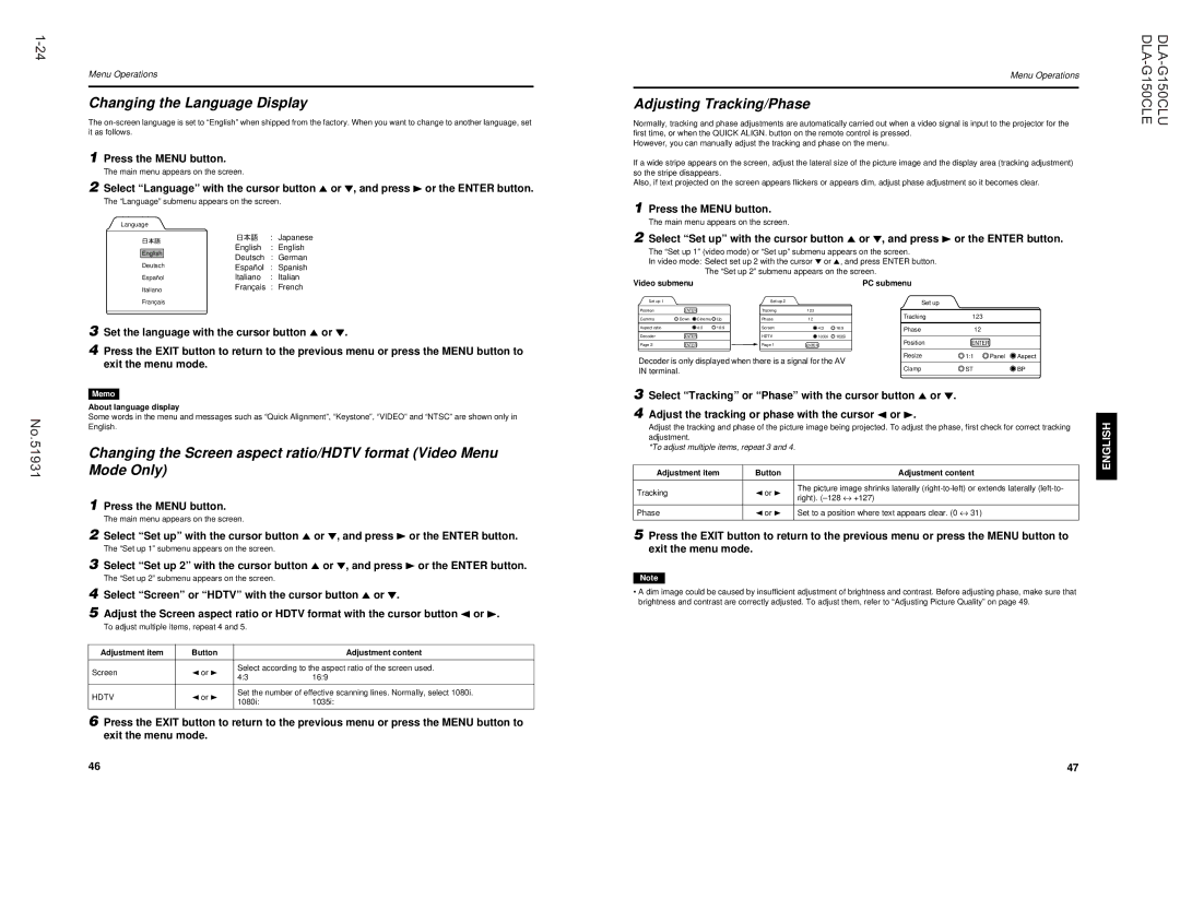 JVC DLA-G150CLE manual Changing the Language Display, Adjusting Tracking/Phase, Or Hdtv with the cursor button 5 or ∞ 