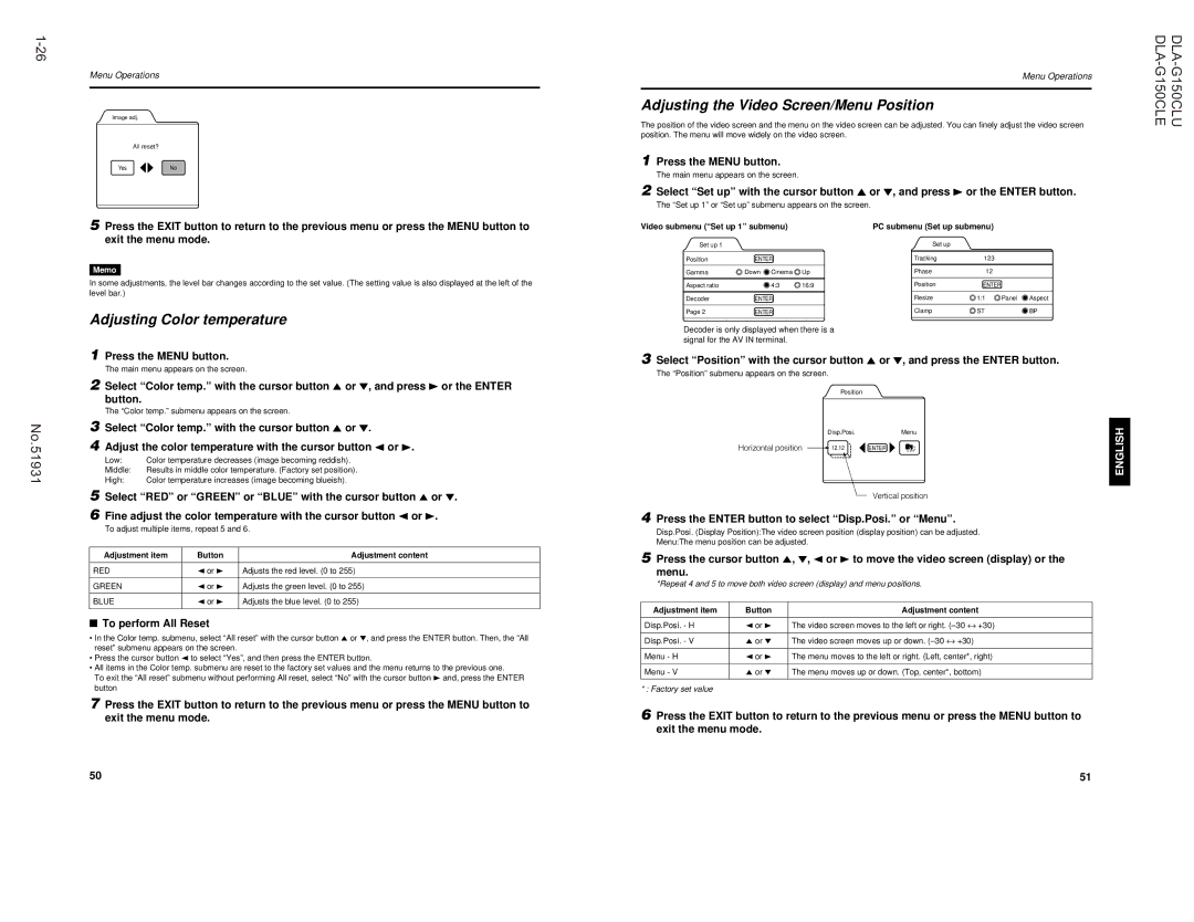 JVC DLA-G150CLE, DLA-G150CLU Adjusting the Video Screen/Menu Position, Adjusting Color temperature, Cursor button Or ∞ 