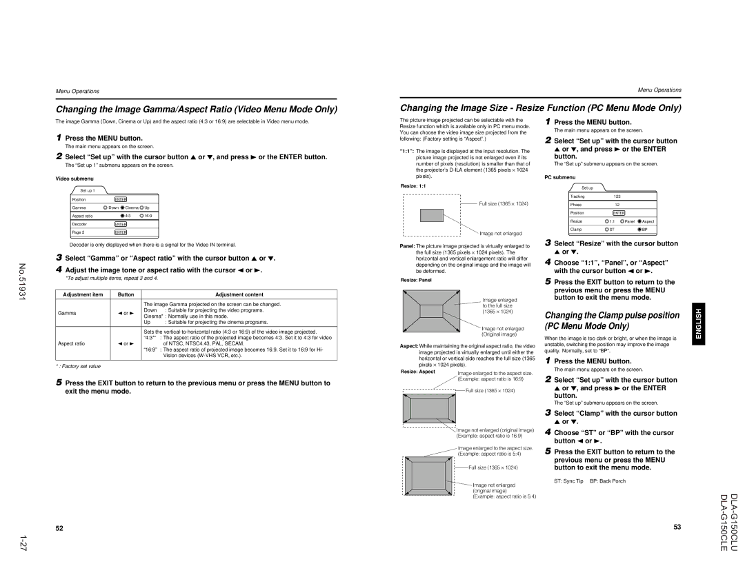 JVC DLA-G150CLU Changing the Image Gamma/Aspect Ratio Video Menu Mode Only, Select Resize with the cursor button 5 or ∞ 