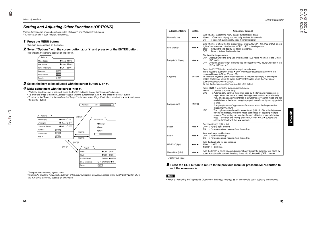 JVC DLA-G150CLE Setting and Adjusting Other Functions Options, Or∞, and press the Enter button, Adjustment item Button 