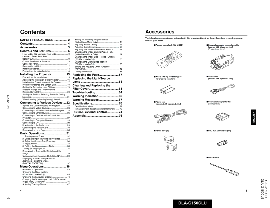 JVC DLA-G150CLU, DLA-G150CLE manual Contents 