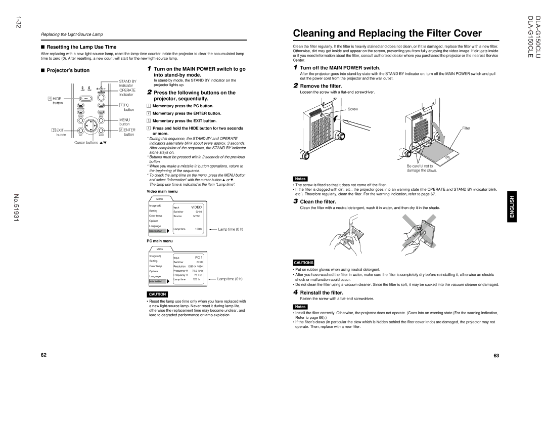 JVC DLA-G150CLE, DLA-G150CLU manual Cleaning and Replacing the Filter Cover 