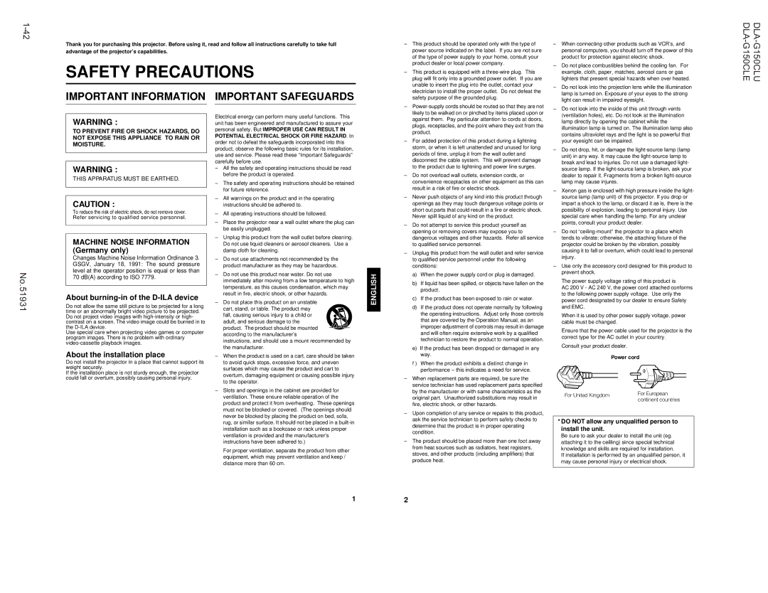 JVC DLA-G150CLE manual Fire Hazard, To the following power supply voltage. Use only, Emc, For United Kingdom For European 