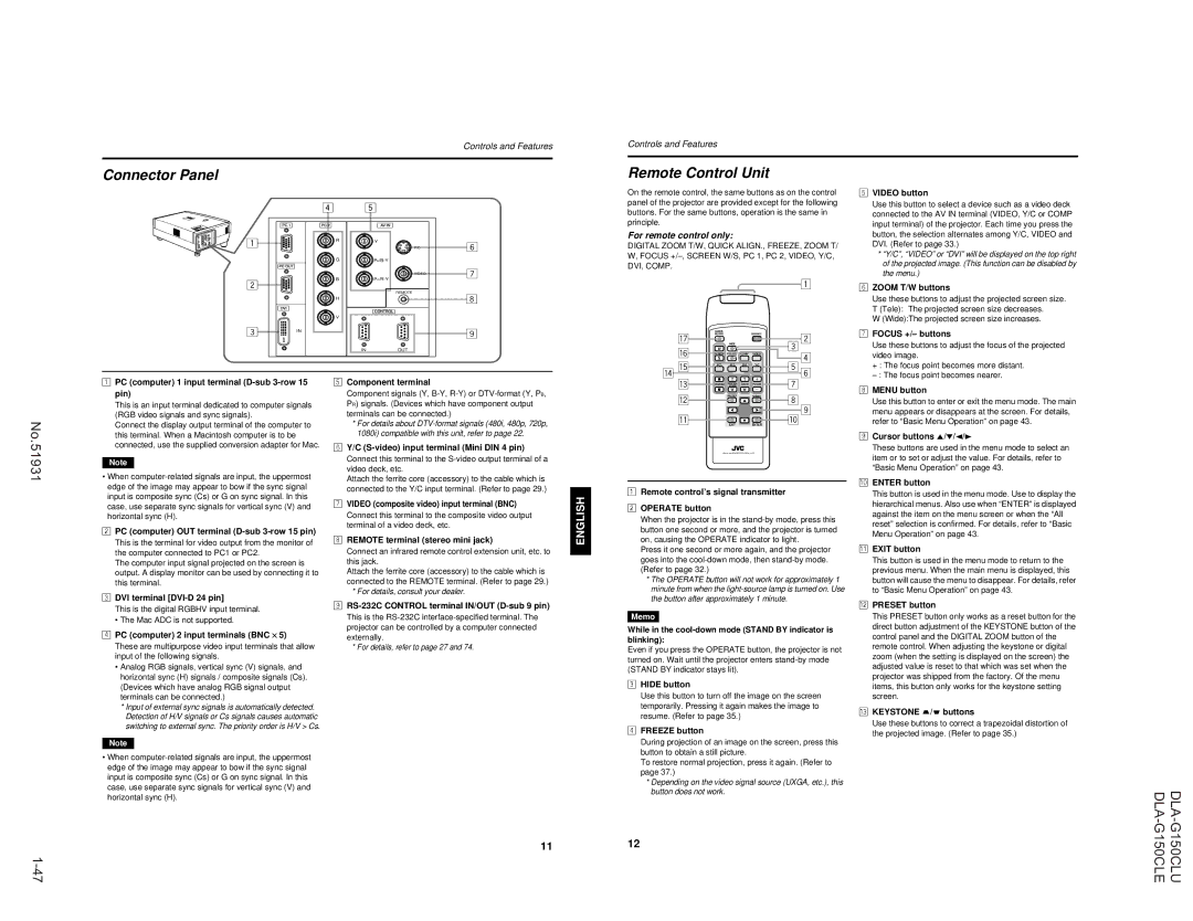 JVC DLA-G150CLU, DLA-G150CLE manual Button to obtain a still picture, Button does not work 