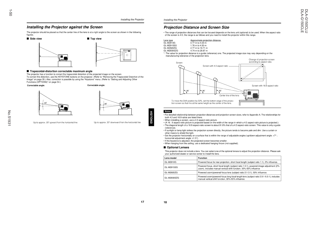 JVC DLA-G150CLE, DLA-G150CLU manual English, GL-M2930SZG 