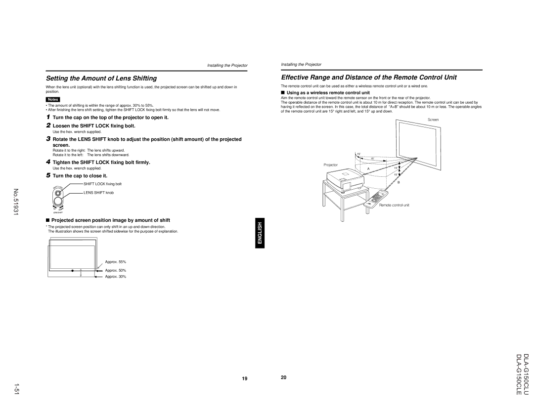 JVC DLA-G150CLU, DLA-G150CLE manual Setting the Amount of Lens Shifting, Remote control unit 