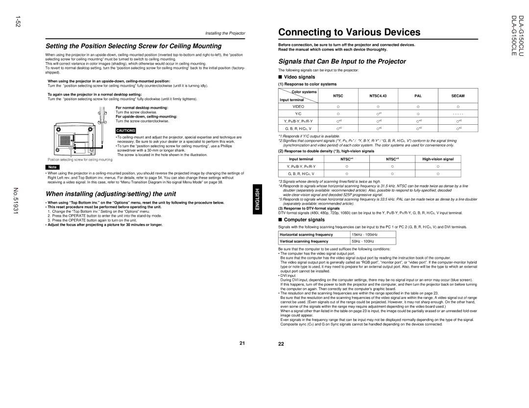 JVC DLA-G150CLE, DLA-G150CLU Setting the Position Selecting Screw for Ceiling Mounting, Response to color systems systems 