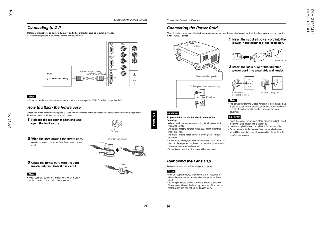 JVC DLA-G150CLE, DLA-G150CLU manual Ferrite core 