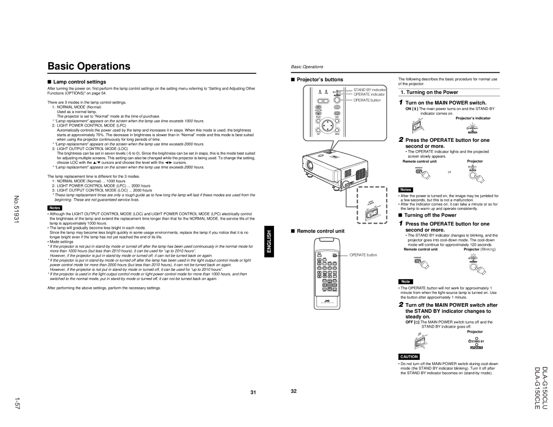 JVC DLA-G150CLU, DLA-G150CLE manual Basic Operations 