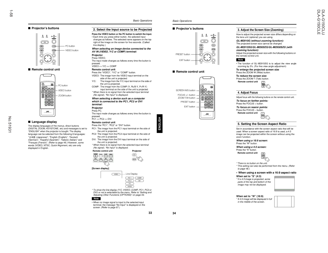 JVC DLA-G150CLE, DLA-G150CLU Side of the unit is projected, Comp The image from the Comp Y, R, Pressed PC1 ↔ PC2 ↔ DVI 