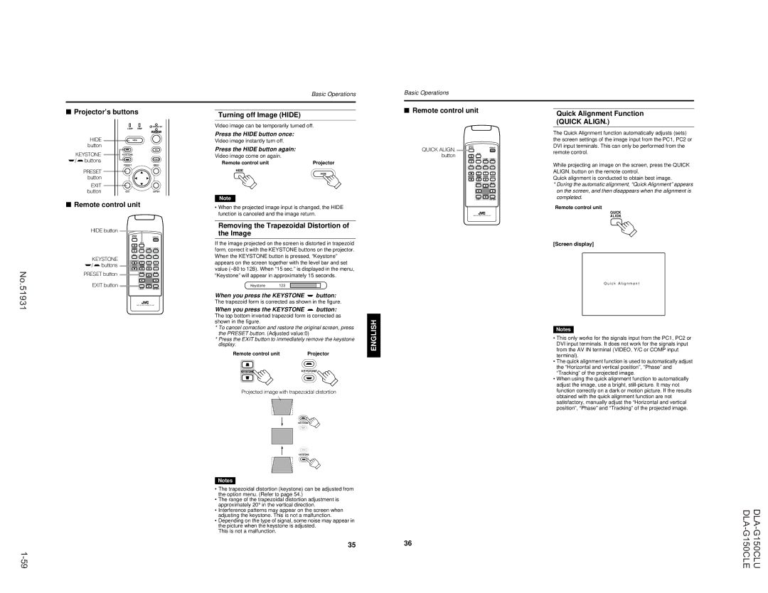 JVC DLA-G150CLU, DLA-G150CLE manual No.51931, Quick Alignment Function Quick Align 