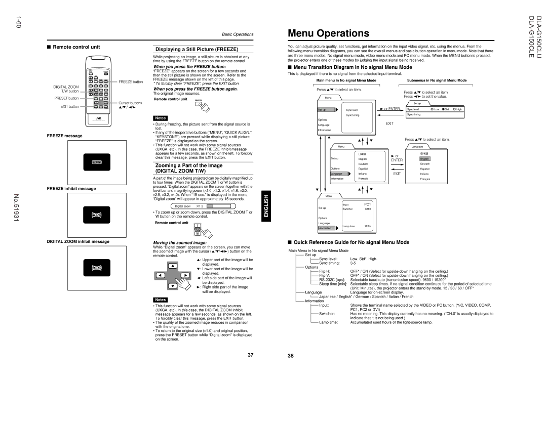 JVC DLA-G150CLE, DLA-G150CLU manual Main menu in No signal Menu Mode 